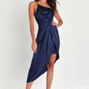 Lulus Law of Attraction Navy Blue One-Shoulder Asymmetrical Midi Dress